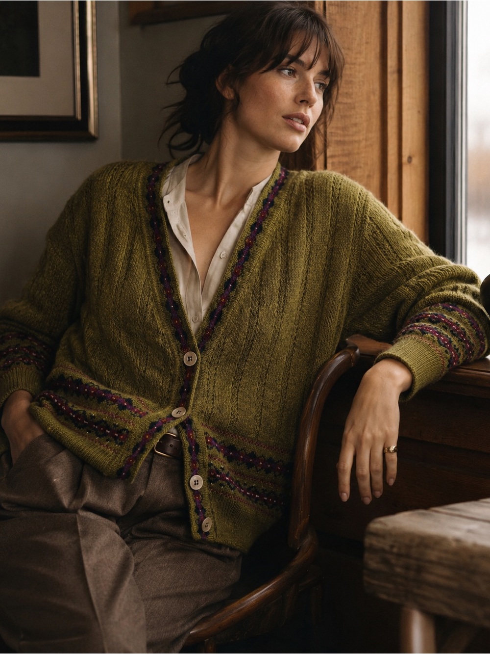 Vintage Episode Alpaca Wool Fair Isle Cardigan Green Nordic Sweater M